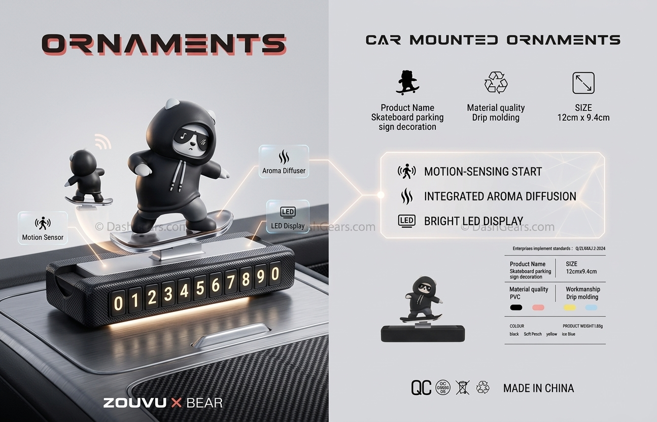 ZOUVU X BEAR Sliding Skateboard Panda Car Ornament - Kinetic Dashboard Accessory