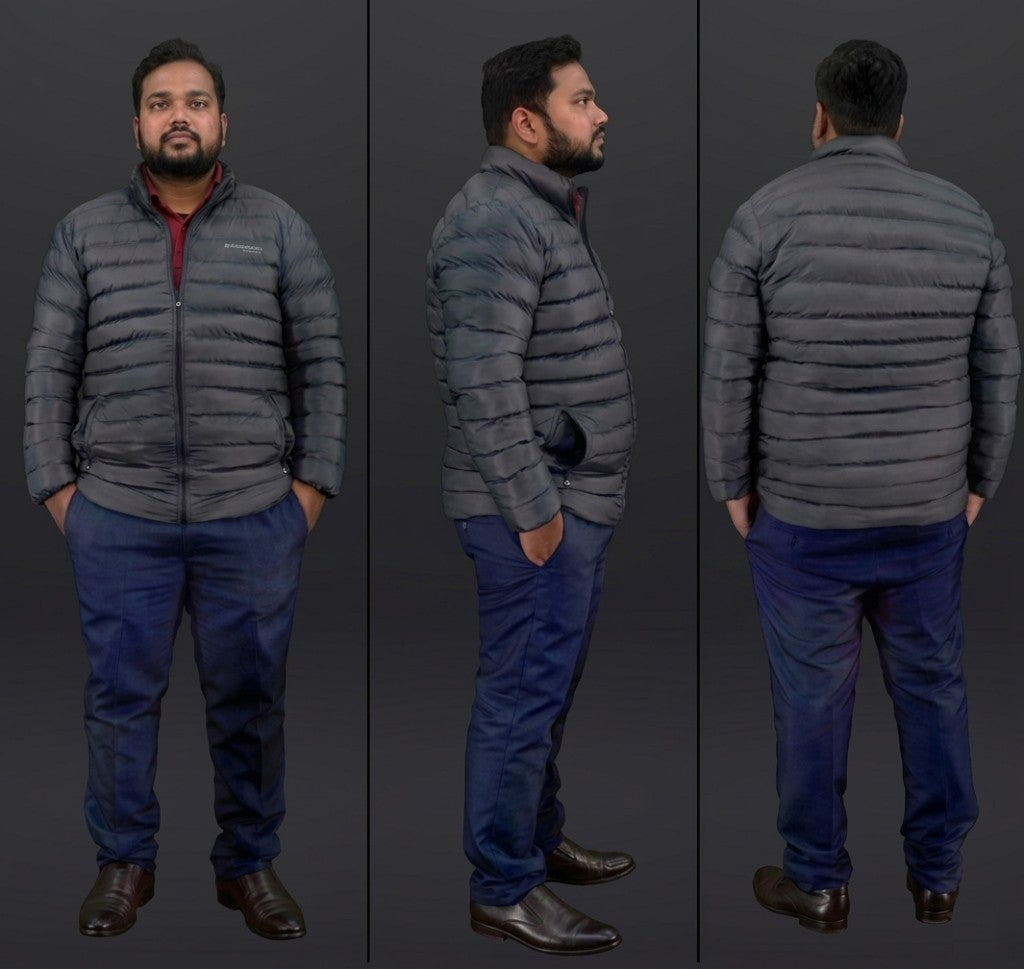 Example full-length poses: front, side profile, and back for scanning